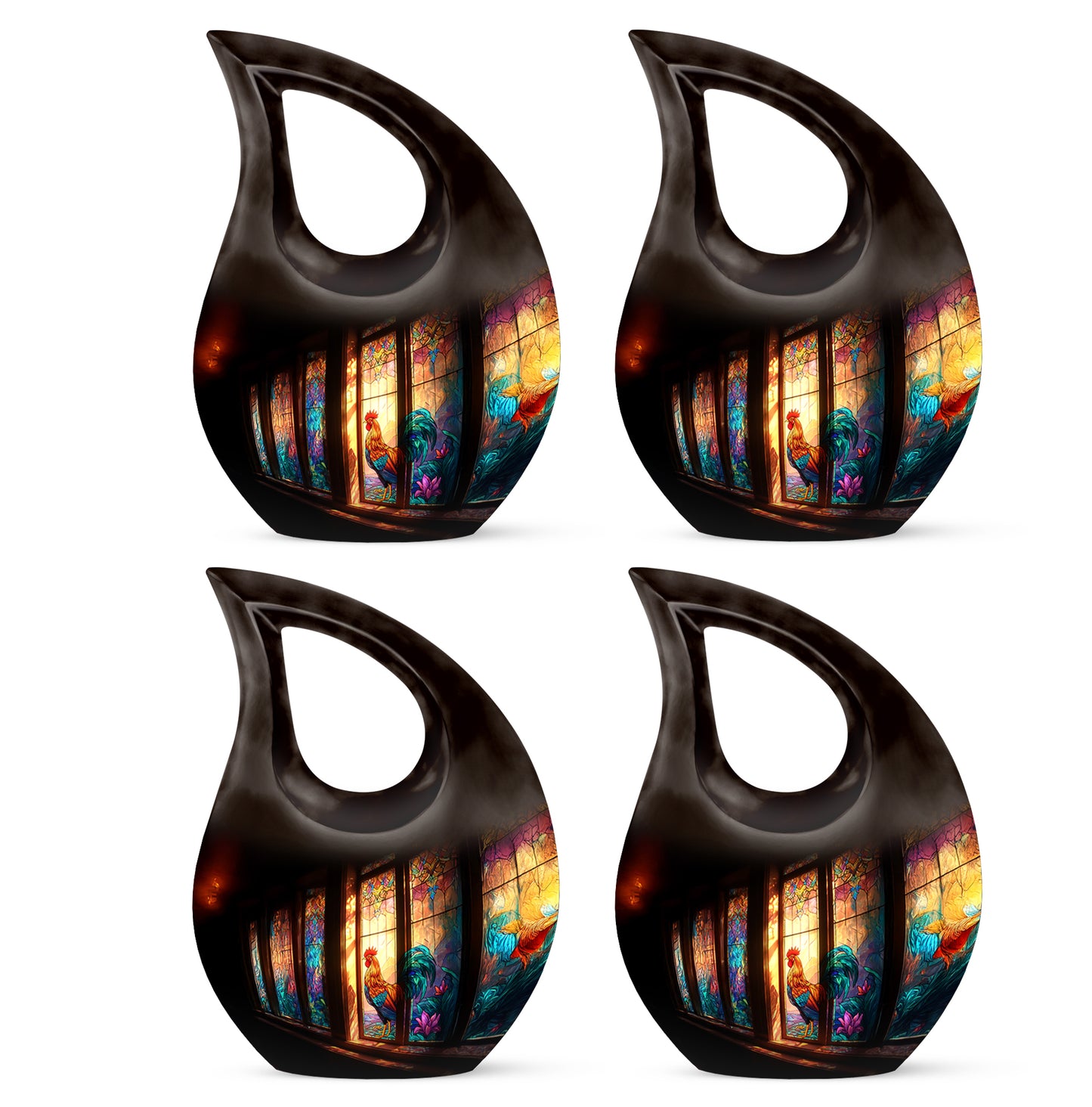 Deep Black Hen Cremation Urn lifestyle display on memorial shelf - cross and hen combined in spiritual memorial design - 10 inch aluminum urn for cremated remains