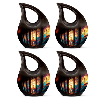 Deep Black Hen Cremation Urn lifestyle display on memorial shelf - cross and hen combined in spiritual memorial design - 10 inch aluminum urn for cremated remains