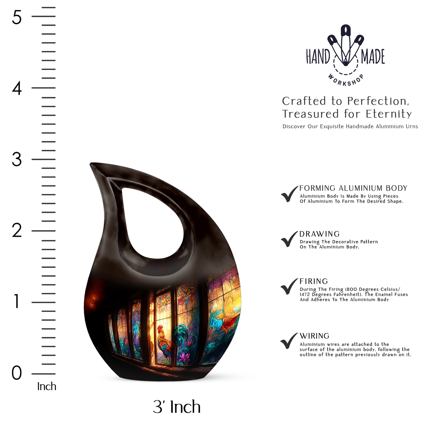 Charcoal Black Hen Cremation Urn back view with polished surface - devotional cross-drop hen engraving - mini keepsake memorial for portion of cremation ashes