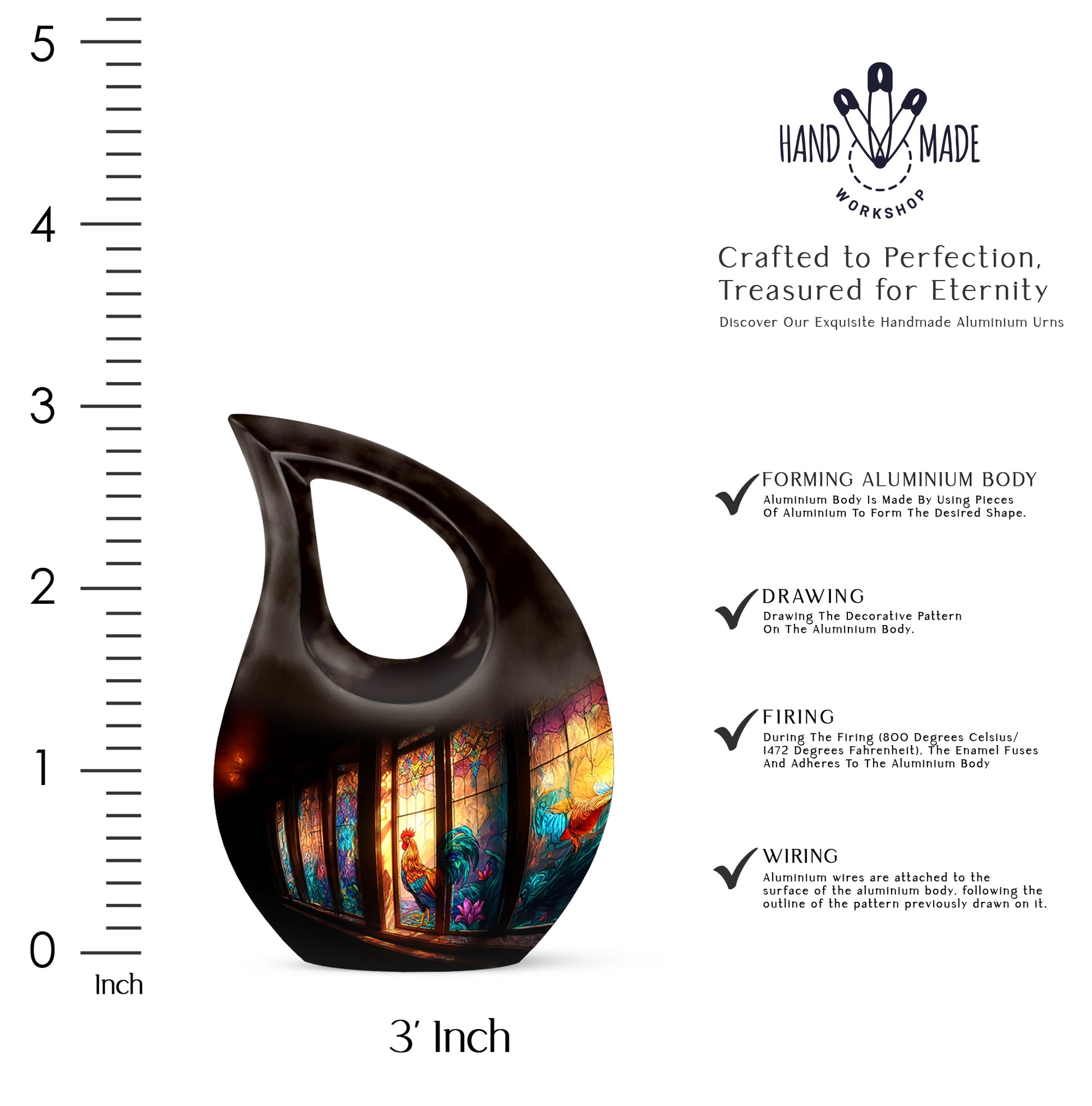 Charcoal Black Hen Cremation Urn back view with polished surface - devotional cross-drop hen engraving - mini keepsake memorial for portion of cremation ashes