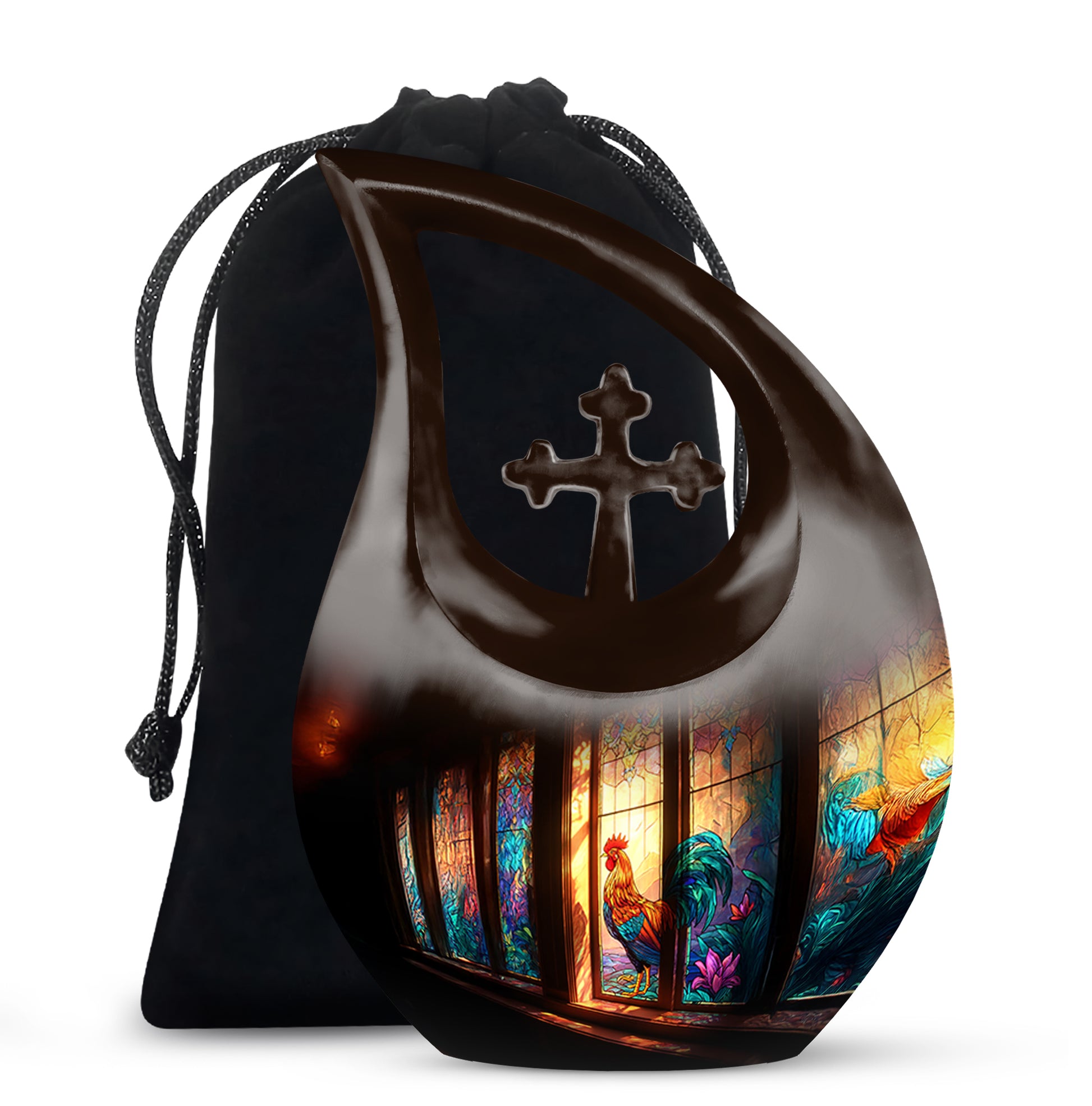 Dark Black Hen Cremation Urn top-down view of secure threaded lid - devotional cross-drop hen engraving - full-size 10 inch 200 cubic inch adult cremation urn