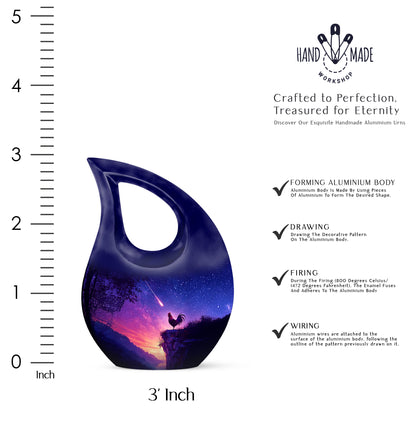 Dusty Blue Hen Cremation Urn back view with polished surface - sacred cross merged with hen motif on metal - mini keepsake memorial for portion of cremation ashes