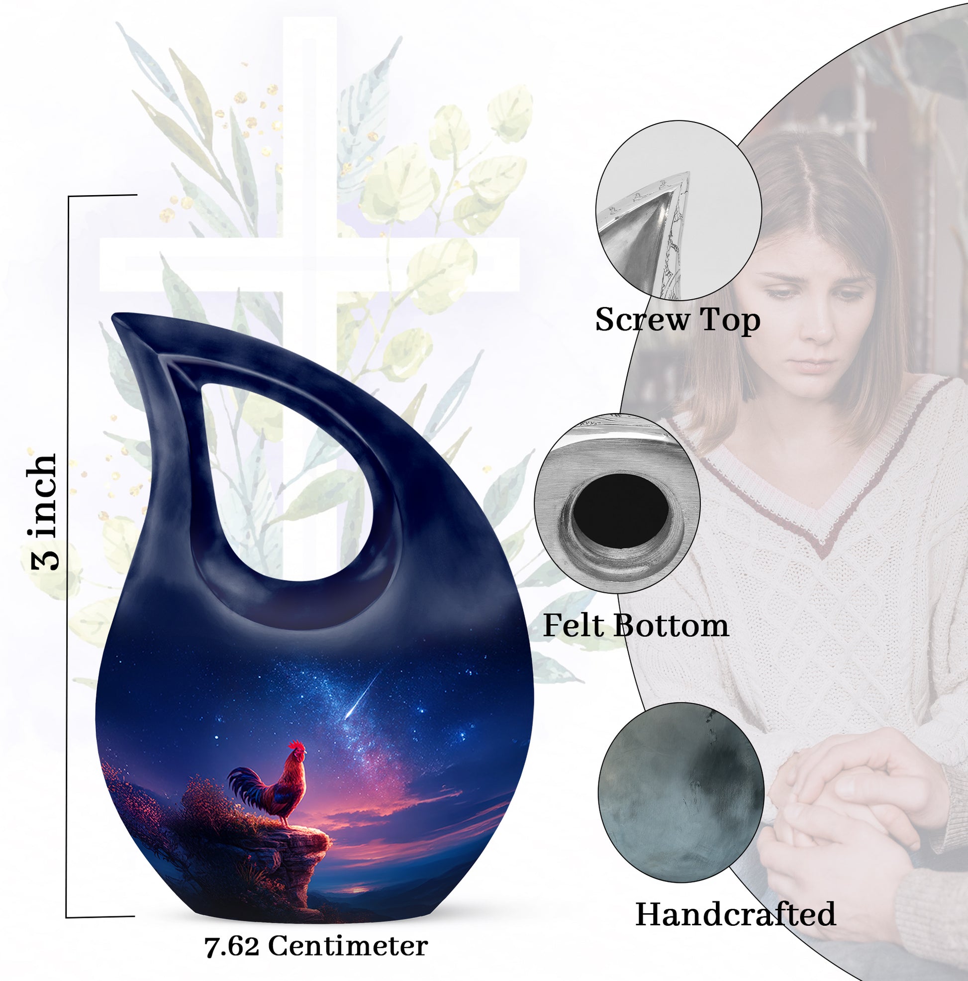 Azure Hen Cremation Urn back view with polished surface - cross and hen combined in spiritual memorial design - mini keepsake memorial for portion of cremation ashes