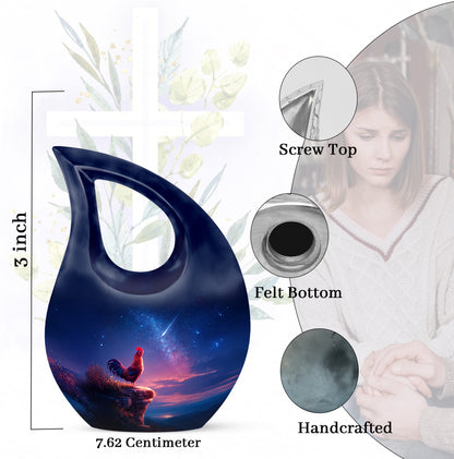 Azure Hen Cremation Urn back view with polished surface - cross and hen combined in spiritual memorial design - mini keepsake memorial for portion of cremation ashes