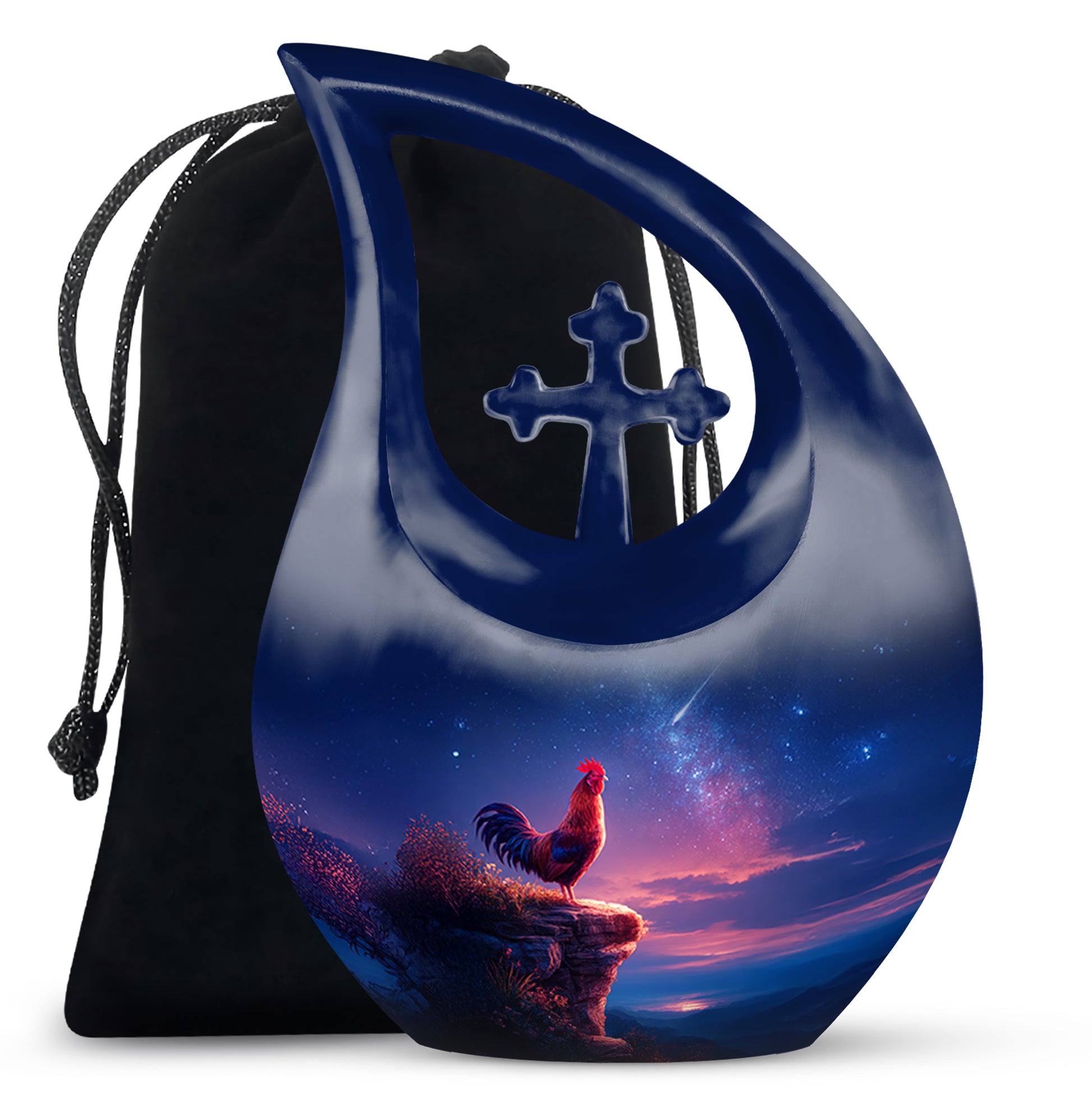 Cobalt Blue Hen Cremation Urn top-down view of secure threaded lid - devotional cross-drop hen engraving - full-size 10 inch 200 cubic inch adult cremation urn