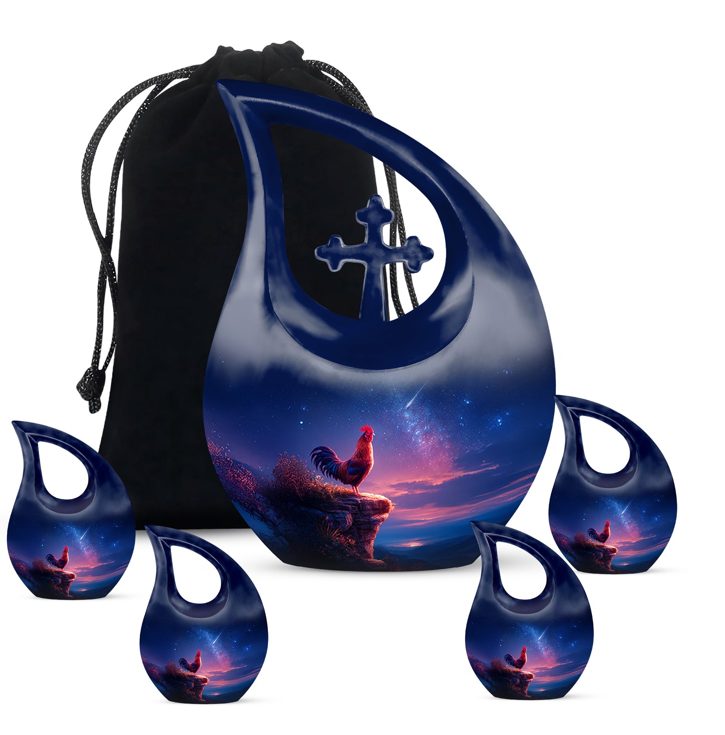 Dusty Blue Hen Cremation Urn urn with complimentary velvet bag - sacred cross merged with hen motif on metal - memorial set with one large and four small urns