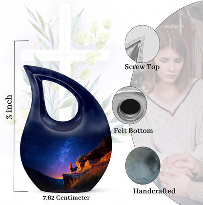Sky Blue Hen Cremation Urn back view with polished surface - cross and hen combined in spiritual memorial design - mini keepsake memorial for portion of cremation ashes