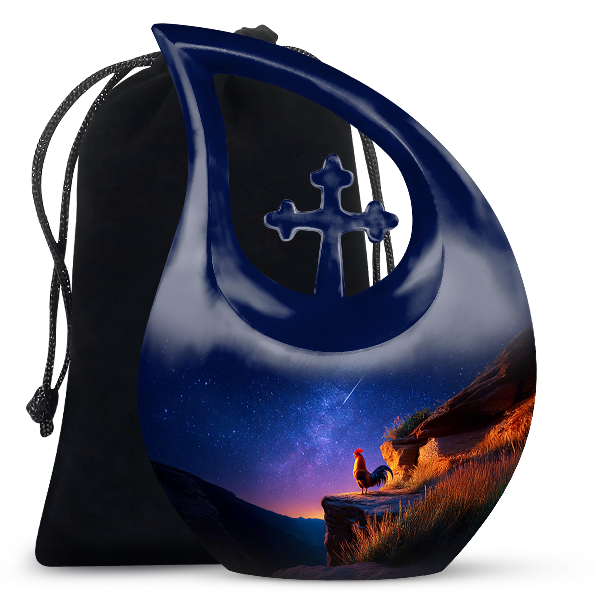 Vivid Blue Hen Cremation Urn top-down view of secure threaded lid - devotional cross-drop hen engraving - full-size 10 inch 200 cubic inch adult cremation urn