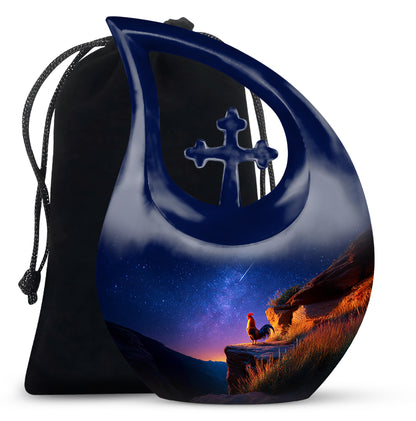 Vivid Blue Hen Cremation Urn top-down view of secure threaded lid - devotional cross-drop hen engraving - full-size 10 inch 200 cubic inch adult cremation urn