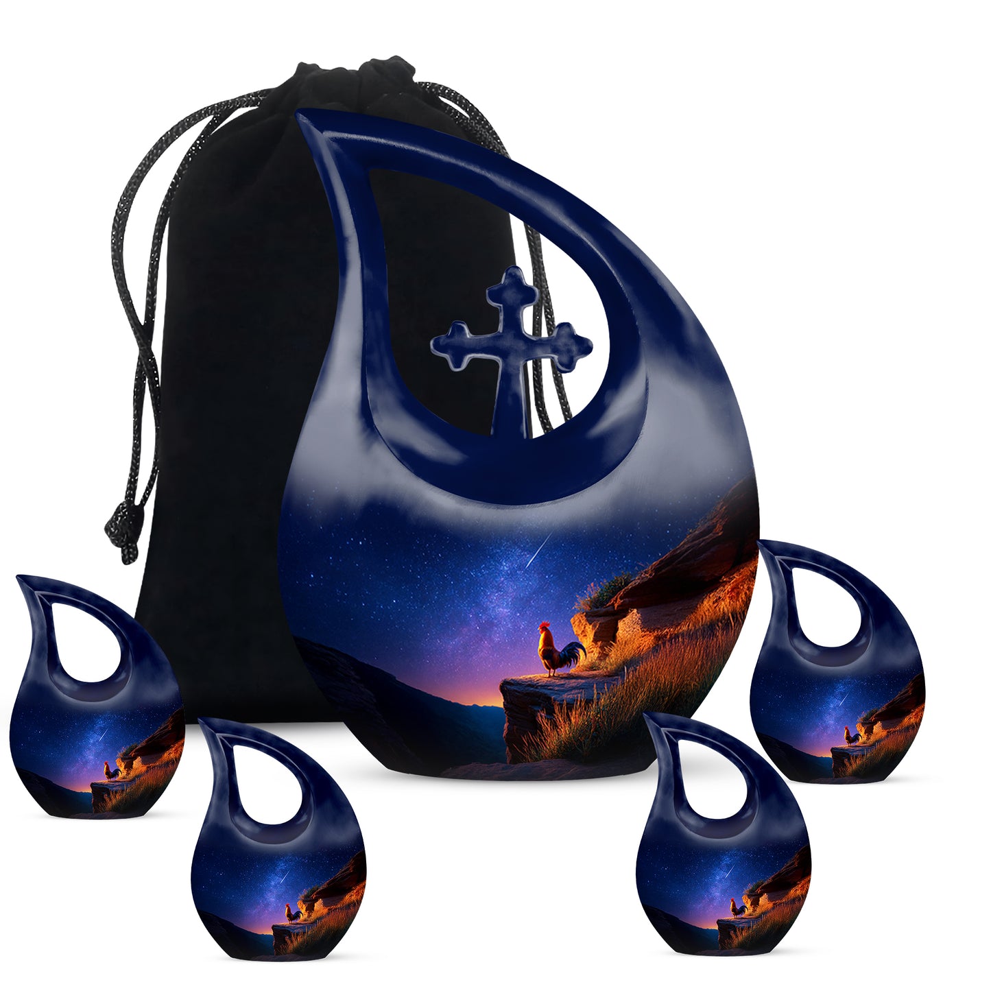 Sapphire Blue Hen Cremation Urn urn with complimentary velvet bag - faith-inspired cross-drop urn with hen pattern - memorial set with one large and four small urns