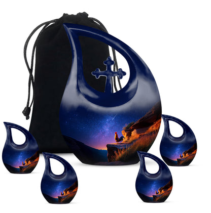 Sapphire Blue Hen Cremation Urn urn with complimentary velvet bag - faith-inspired cross-drop urn with hen pattern - memorial set with one large and four small urns