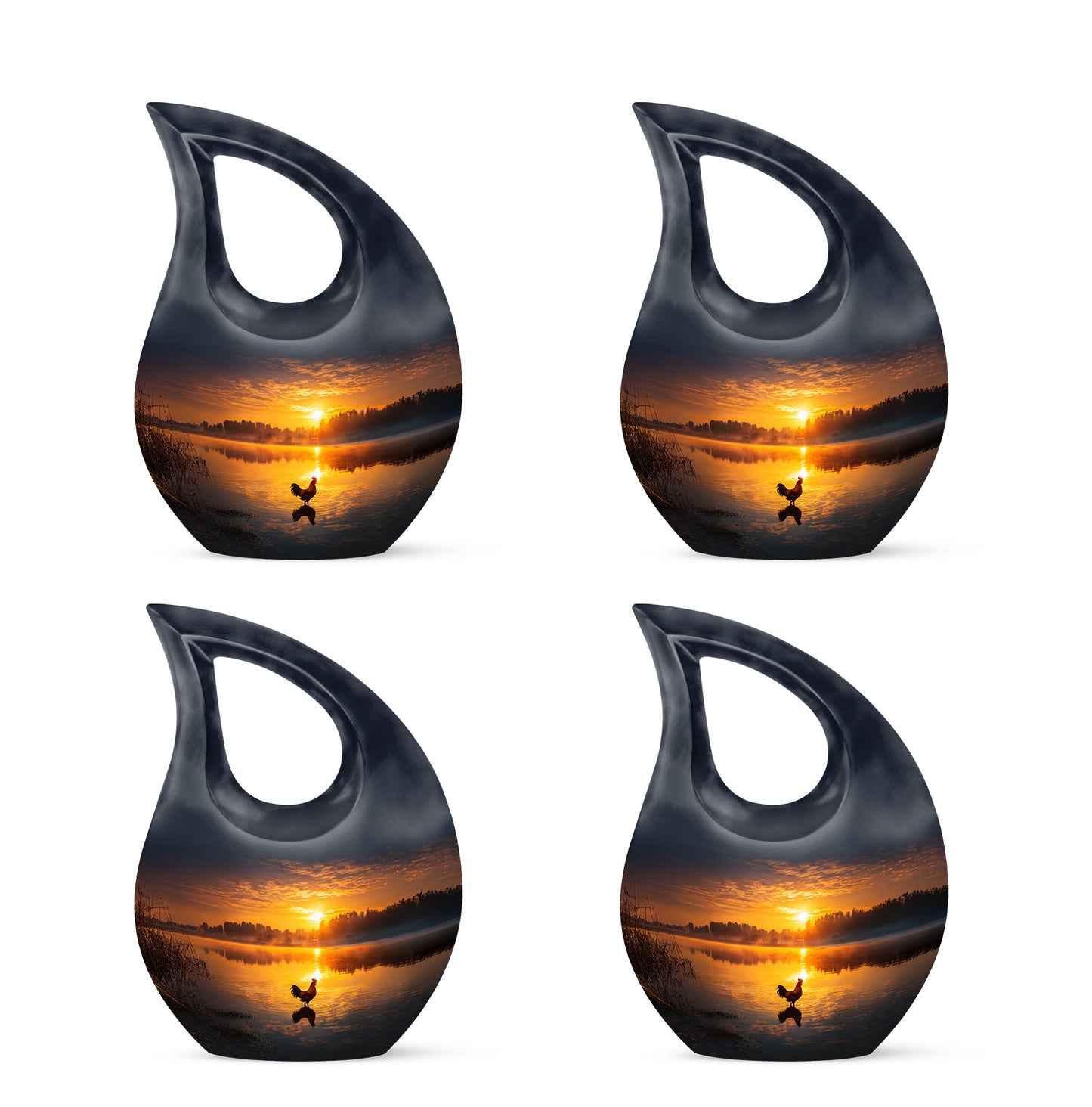 Obsidian Black Hen Cremation Urn lifestyle display on memorial shelf - faith-inspired cross-drop urn with hen pattern - 10 inch aluminum urn for cremated remains