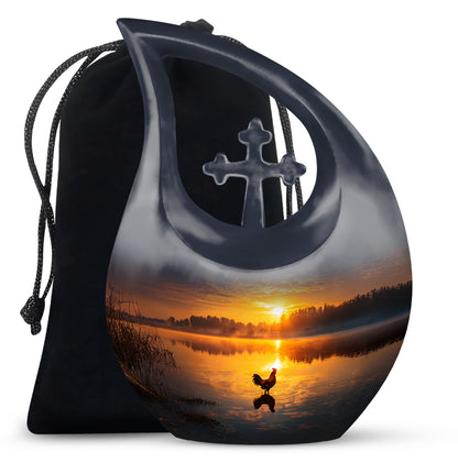 Jet Black Hen Cremation Urn top-down view of secure threaded lid - sacred cross merged with hen motif on metal - full-size 10 inch 200 cubic inch adult cremation urn
