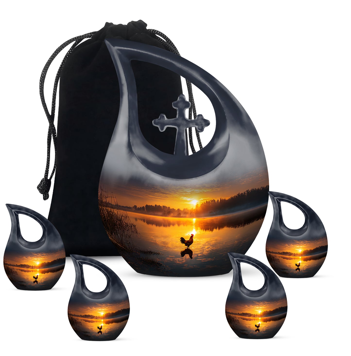 Glossy Black Hen Cremation Urn urn with complimentary velvet bag - sacred cross merged with hen motif on metal - memorial set with one large and four small urns