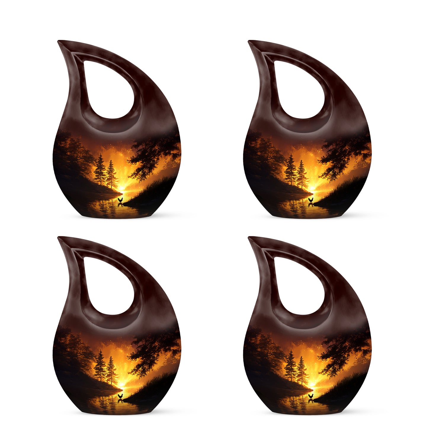 Deep Red Hen Cremation Urn lifestyle display on memorial shelf - sacred cross merged with hen motif on metal - 10 inch aluminum urn for cremated remains