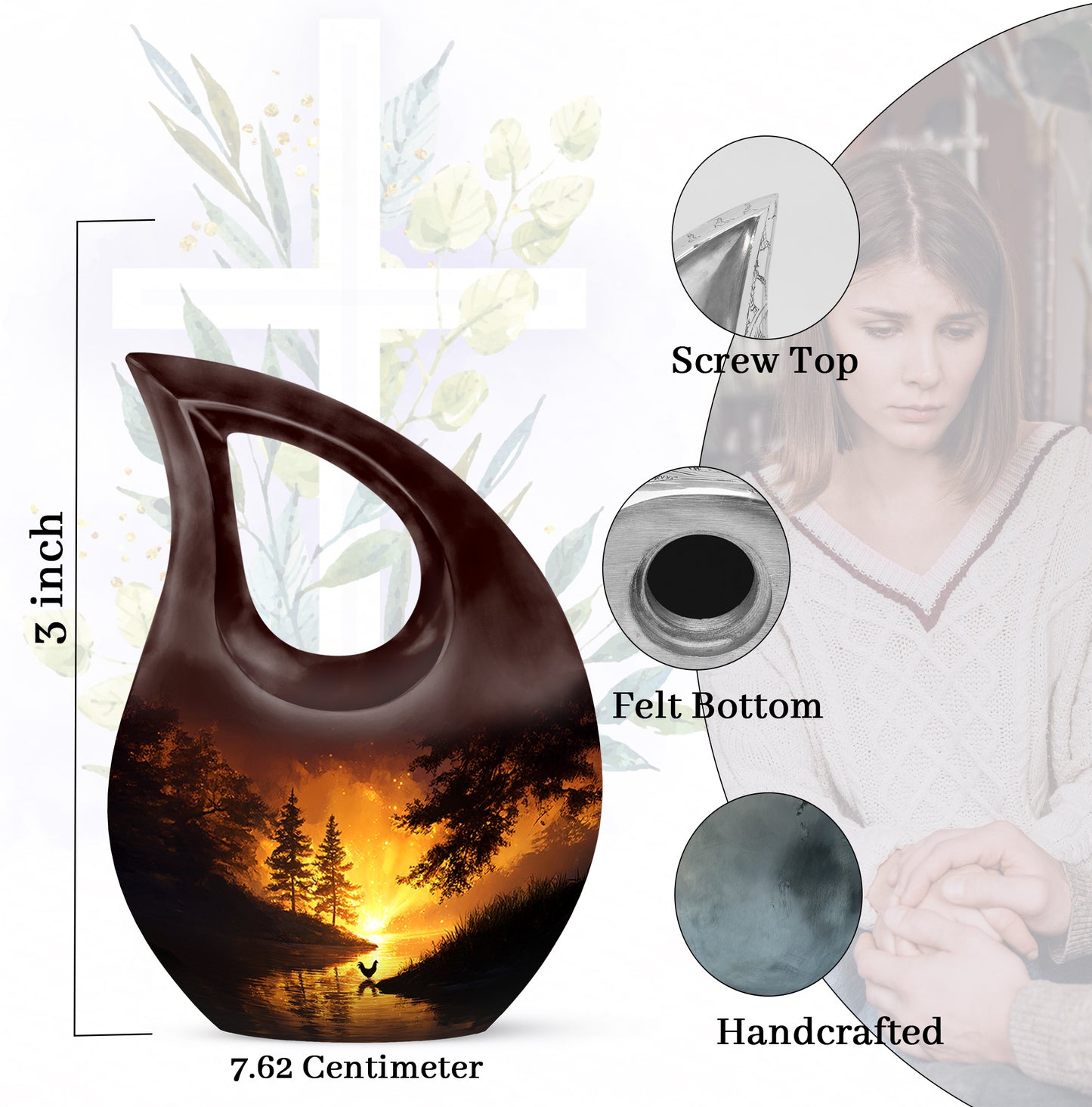 Deep Red Hen Cremation Urn back view with polished surface - sacred cross merged with hen motif on metal - mini keepsake memorial for portion of cremation ashes