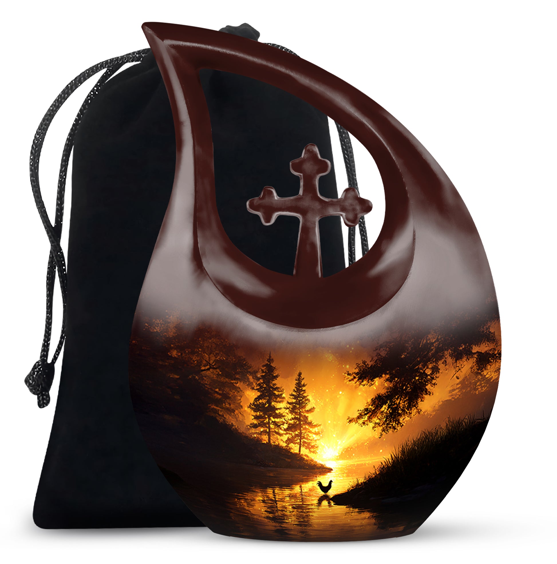 Crimson Red Hen Cremation Urn top-down view of secure threaded lid - sacred cross merged with hen motif on metal - full-size 10 inch 200 cubic inch adult cremation urn