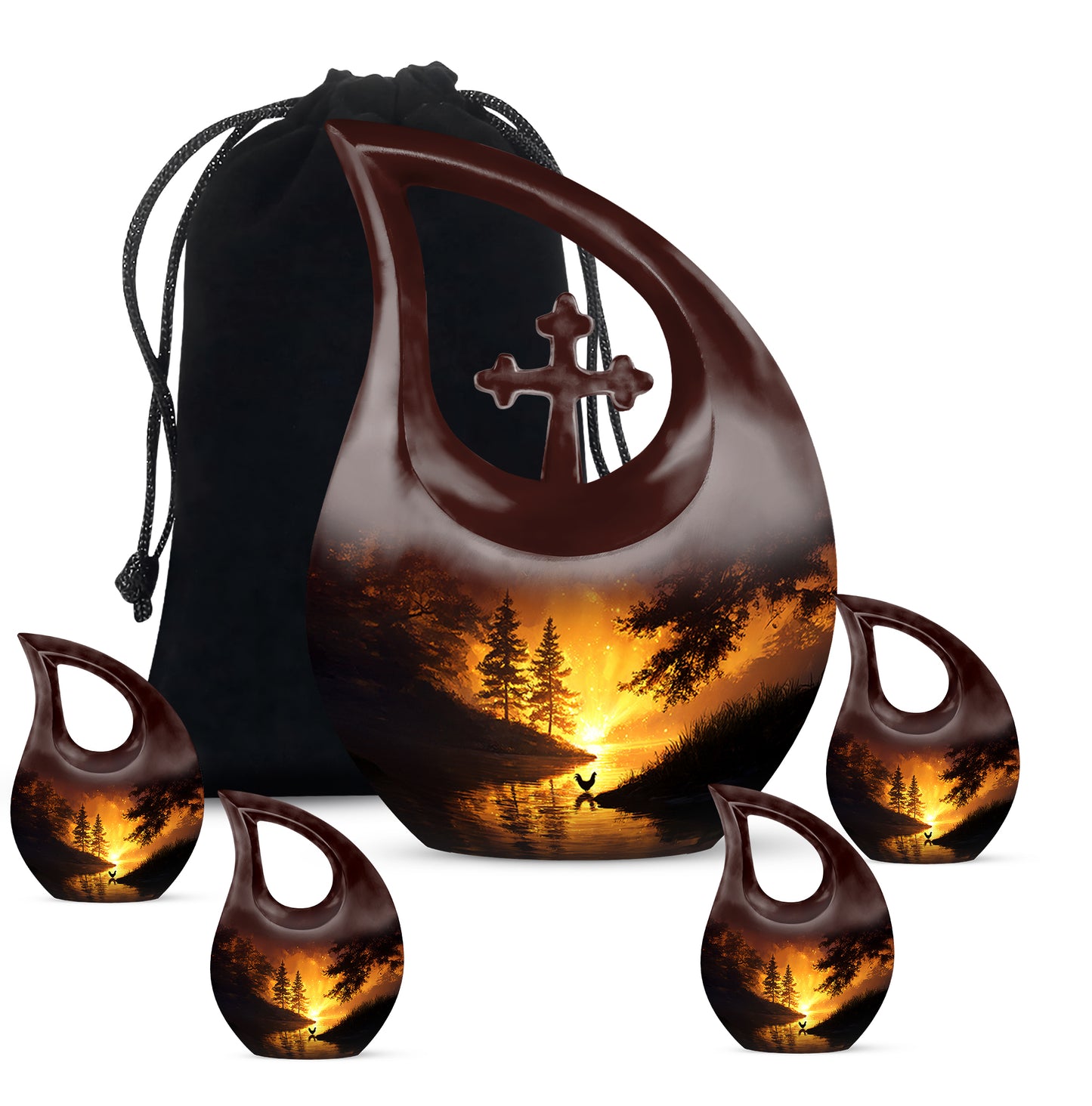 Burgundy Red Hen Cremation Urn urn with complimentary velvet bag - sacred cross merged with hen motif on metal - memorial set with one large and four small urns