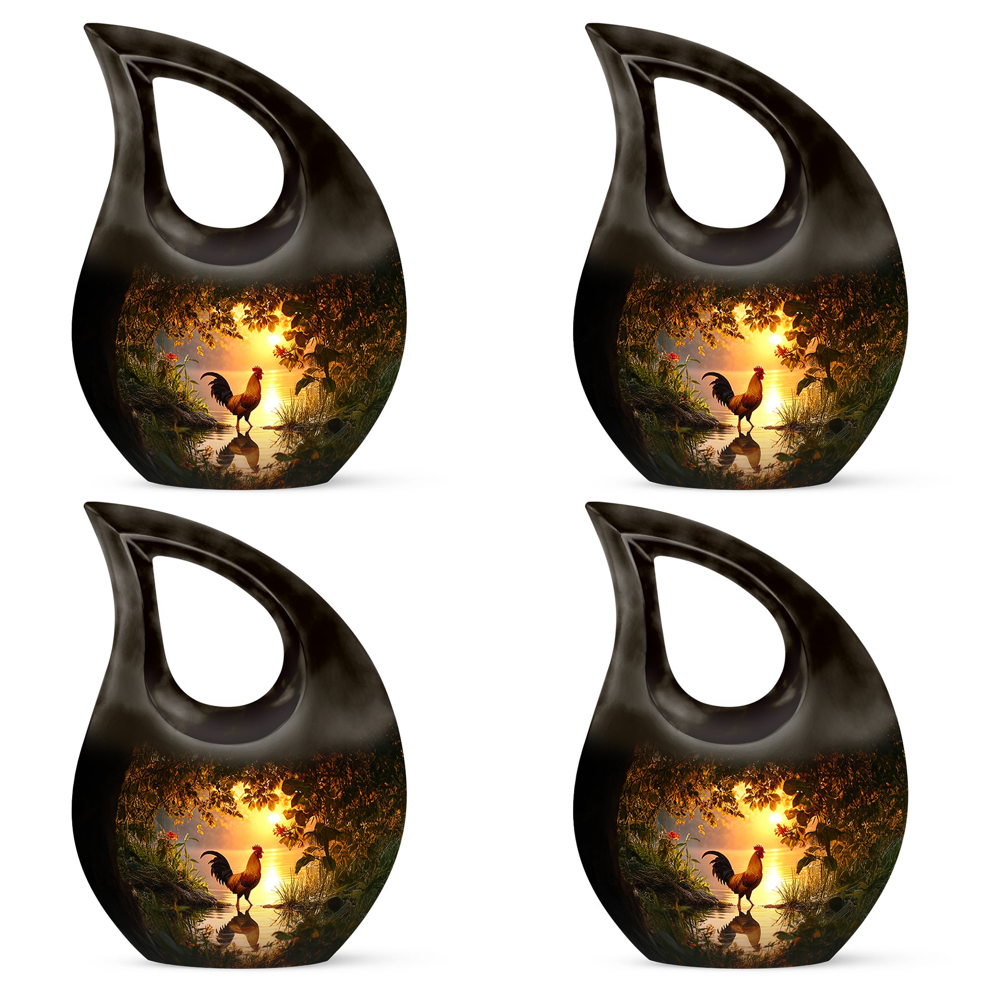 Matte Gold Hen Cremation Urn lifestyle display on memorial shelf - faith-inspired cross-drop urn with hen pattern - 10 inch aluminum urn for cremated remains