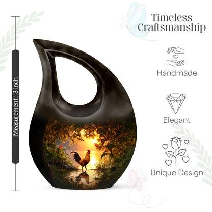 Royal Gold Hen Cremation Urn back view with polished surface - devotional cross-drop hen engraving - mini keepsake memorial for portion of cremation ashes