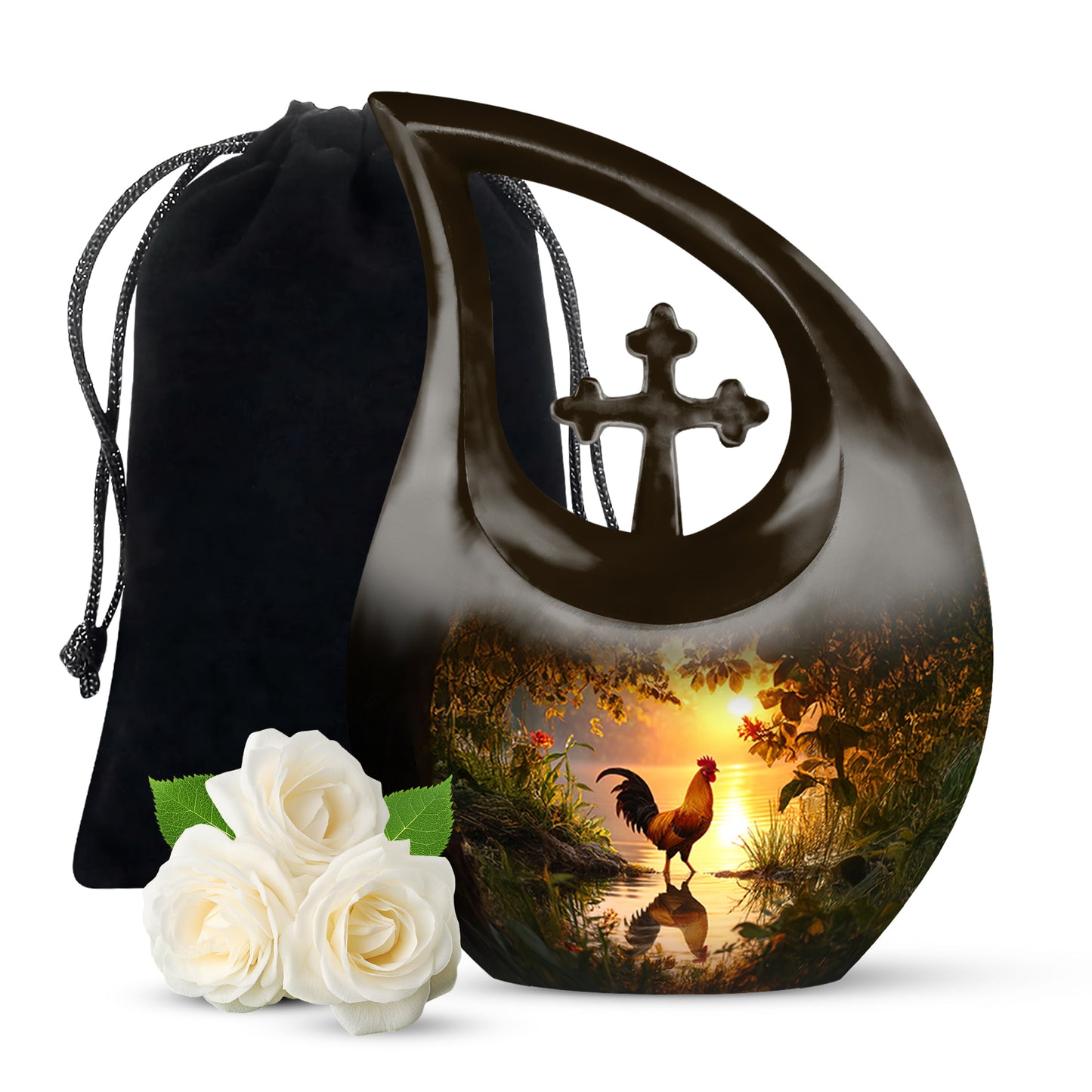 Royal Gold Hen Cremation Urn top-down view of secure threaded lid - faith-inspired cross-drop urn with hen pattern - full-size 10 inch 200 cubic inch adult cremation urn