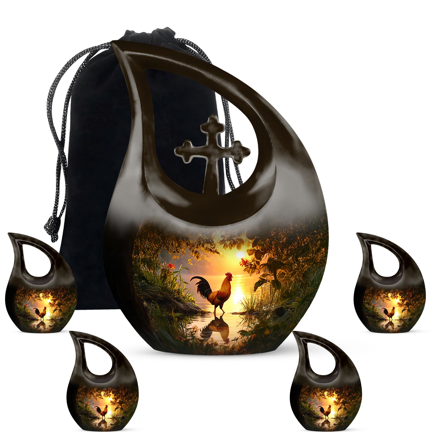 Royal Gold Hen Cremation Urn urn with complimentary velvet bag - faith-inspired cross-drop urn with hen pattern - memorial set with one large and four small urns