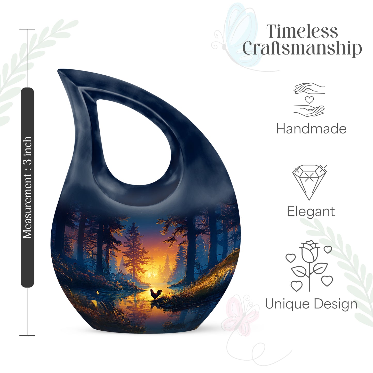 Slate Blue Hen Cremation Urn back view with polished surface - cross and hen combined in spiritual memorial design - mini keepsake memorial for portion of cremation ashes