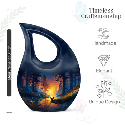 Slate Blue Hen Cremation Urn back view with polished surface - cross and hen combined in spiritual memorial design - mini keepsake memorial for portion of cremation ashes