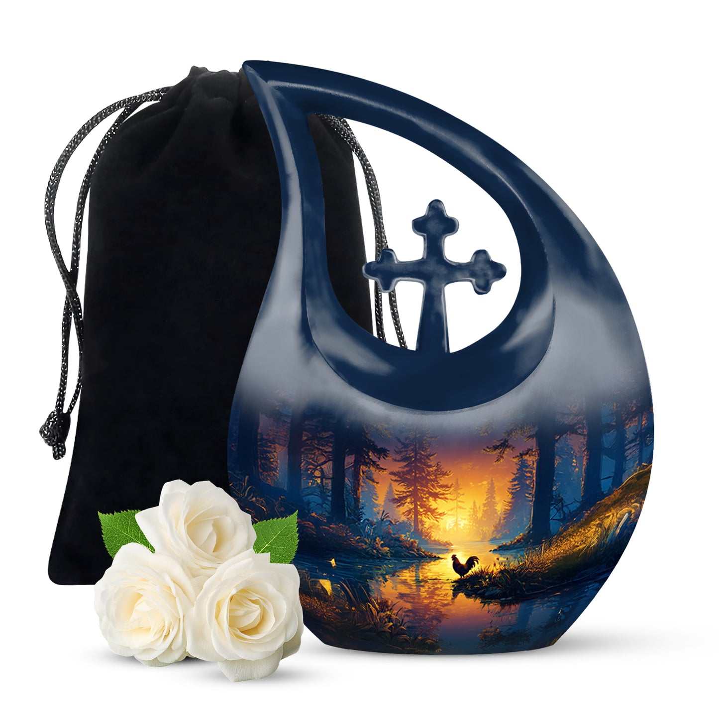 Sky Blue Hen Cremation Urn top-down view of secure threaded lid - sacred cross merged with hen motif on metal - full-size 10 inch 200 cubic inch adult cremation urn