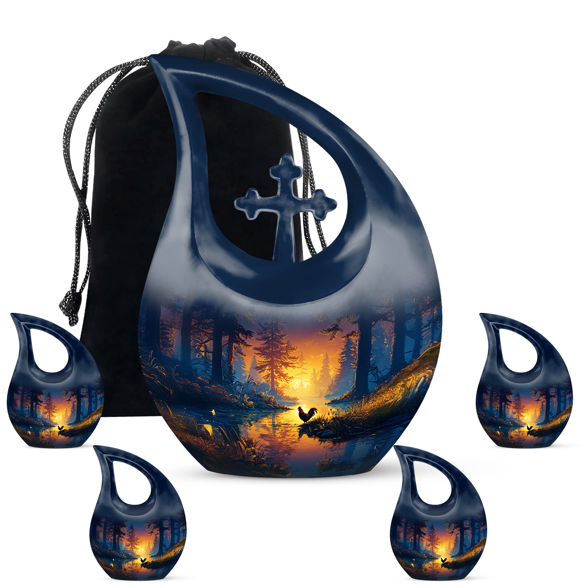 Pastel Blue Hen Cremation Urn urn with complimentary velvet bag - cross and hen combined in spiritual memorial design - memorial set with one large and four small urns