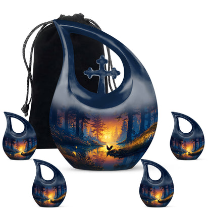 Pastel Blue Hen Cremation Urn urn with complimentary velvet bag - cross and hen combined in spiritual memorial design - memorial set with one large and four small urns