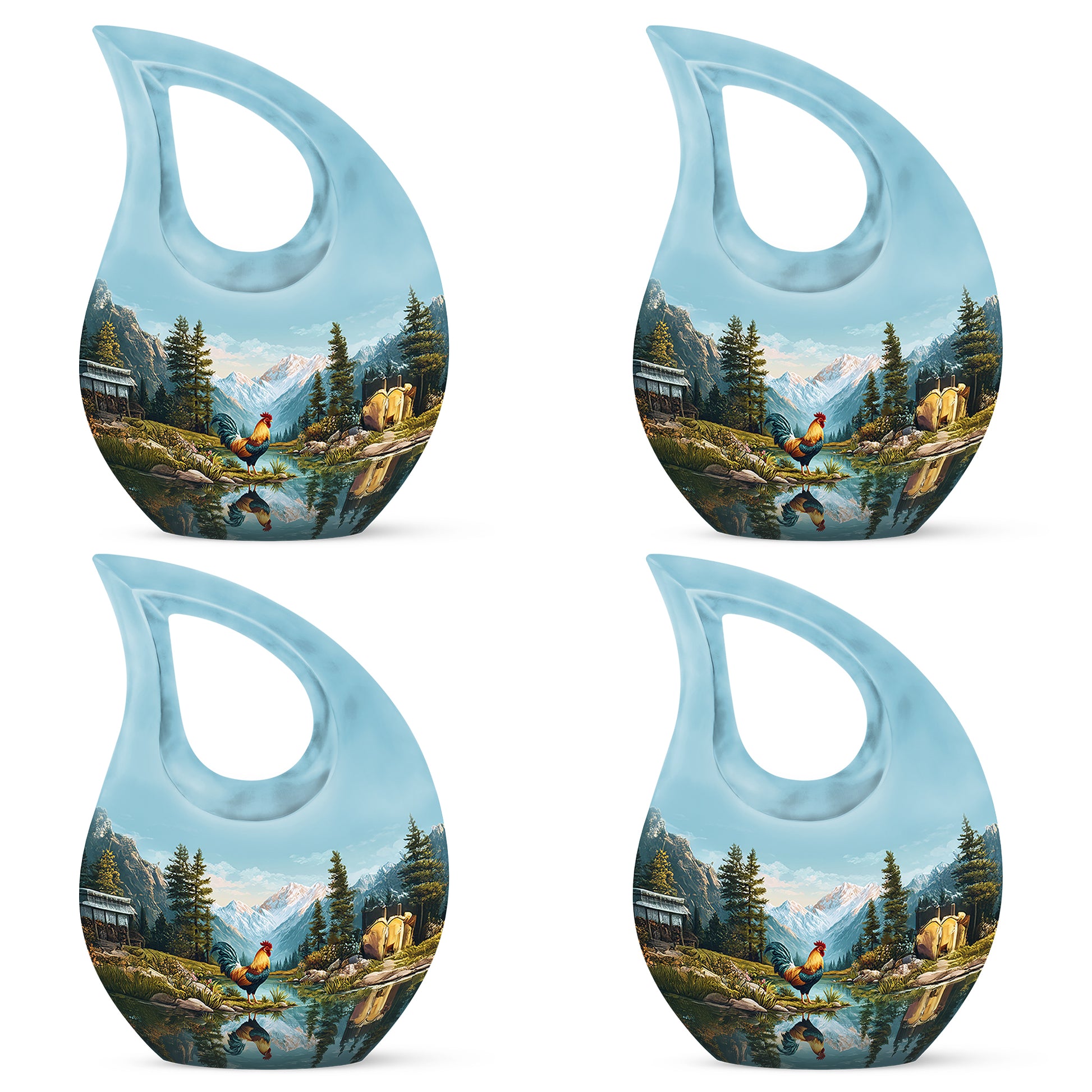 Vivid Teal Hen Cremation Urn lifestyle display on memorial shelf - faith-inspired cross-drop urn with hen pattern - 10 inch aluminum urn for cremated remains