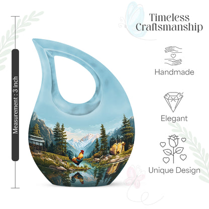 Jewel Teal Hen Cremation Urn back view with polished surface - sacred cross merged with hen motif on metal - mini keepsake memorial for portion of cremation ashes