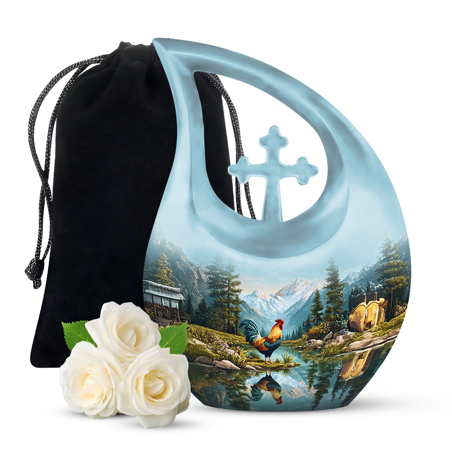 Ocean Teal Hen Cremation Urn top-down view of secure threaded lid - sacred cross merged with hen motif on metal - full-size 10 inch 200 cubic inch adult cremation urn