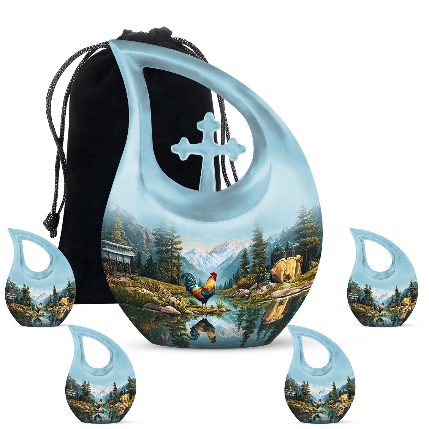 Aqua Teal Hen Cremation Urn urn with complimentary velvet bag - devotional cross-drop hen engraving - memorial set with one large and four small urns