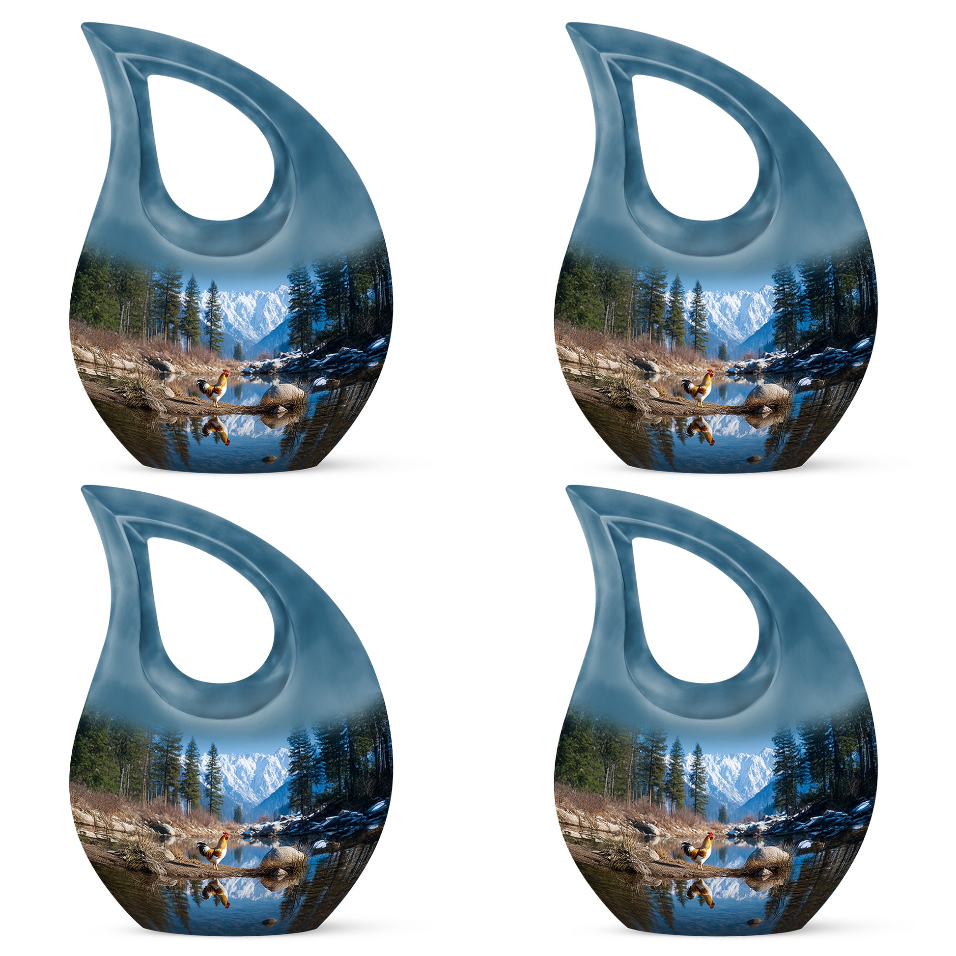 Royal Blue Hen Cremation Urn lifestyle display on memorial shelf - devotional cross-drop hen engraving - 10 inch aluminum urn for cremated remains