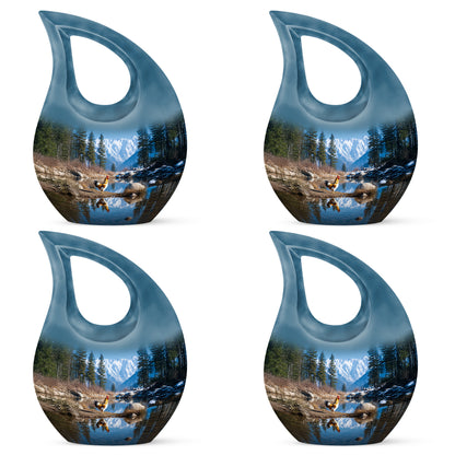 Royal Blue Hen Cremation Urn lifestyle display on memorial shelf - devotional cross-drop hen engraving - 10 inch aluminum urn for cremated remains