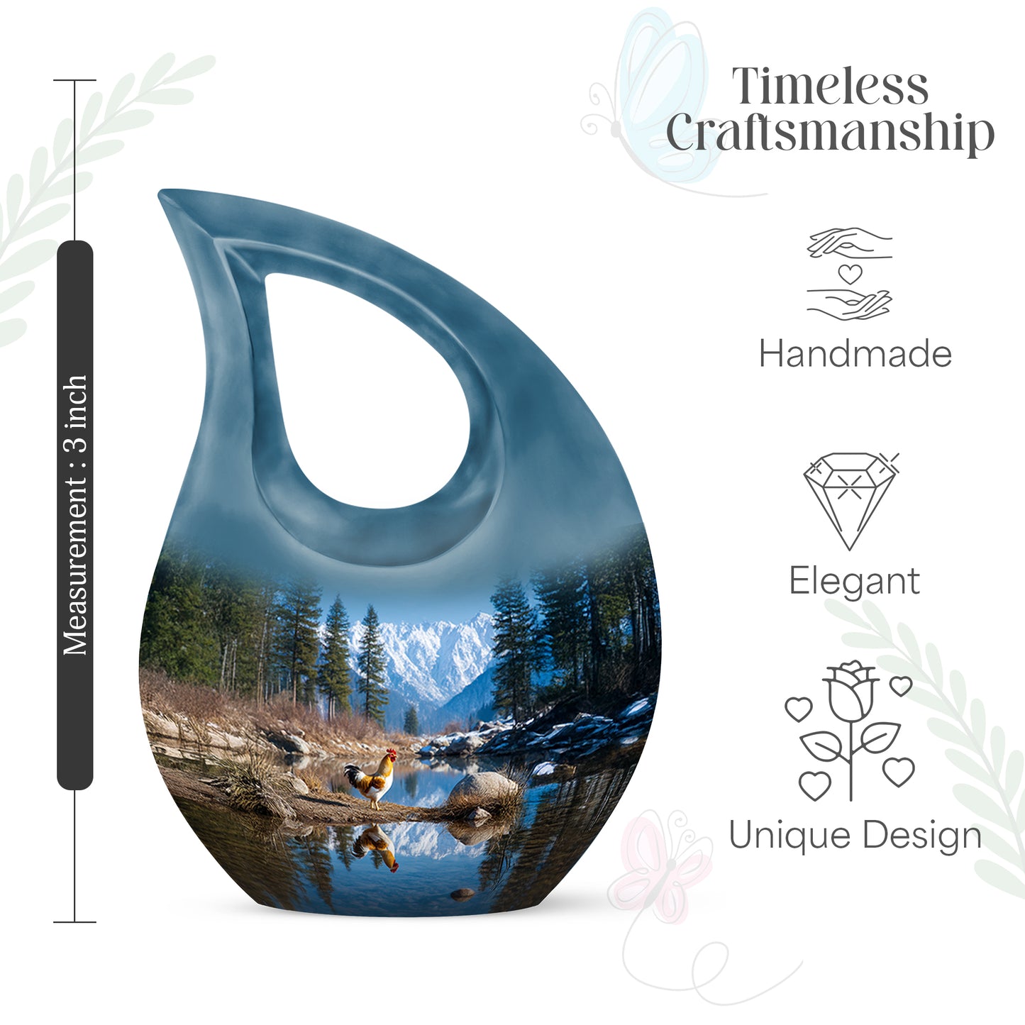 Bright Blue Hen Cremation Urn back view with polished surface - devotional cross-drop hen engraving - mini keepsake memorial for portion of cremation ashes