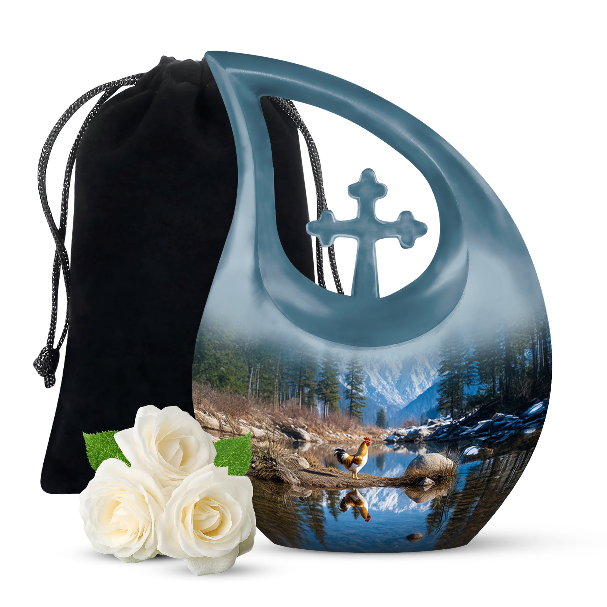 Sapphire Blue Hen Cremation Urn top-down view of secure threaded lid - faith-inspired cross-drop urn with hen pattern - full-size 10 inch 200 cubic inch adult cremation urn
