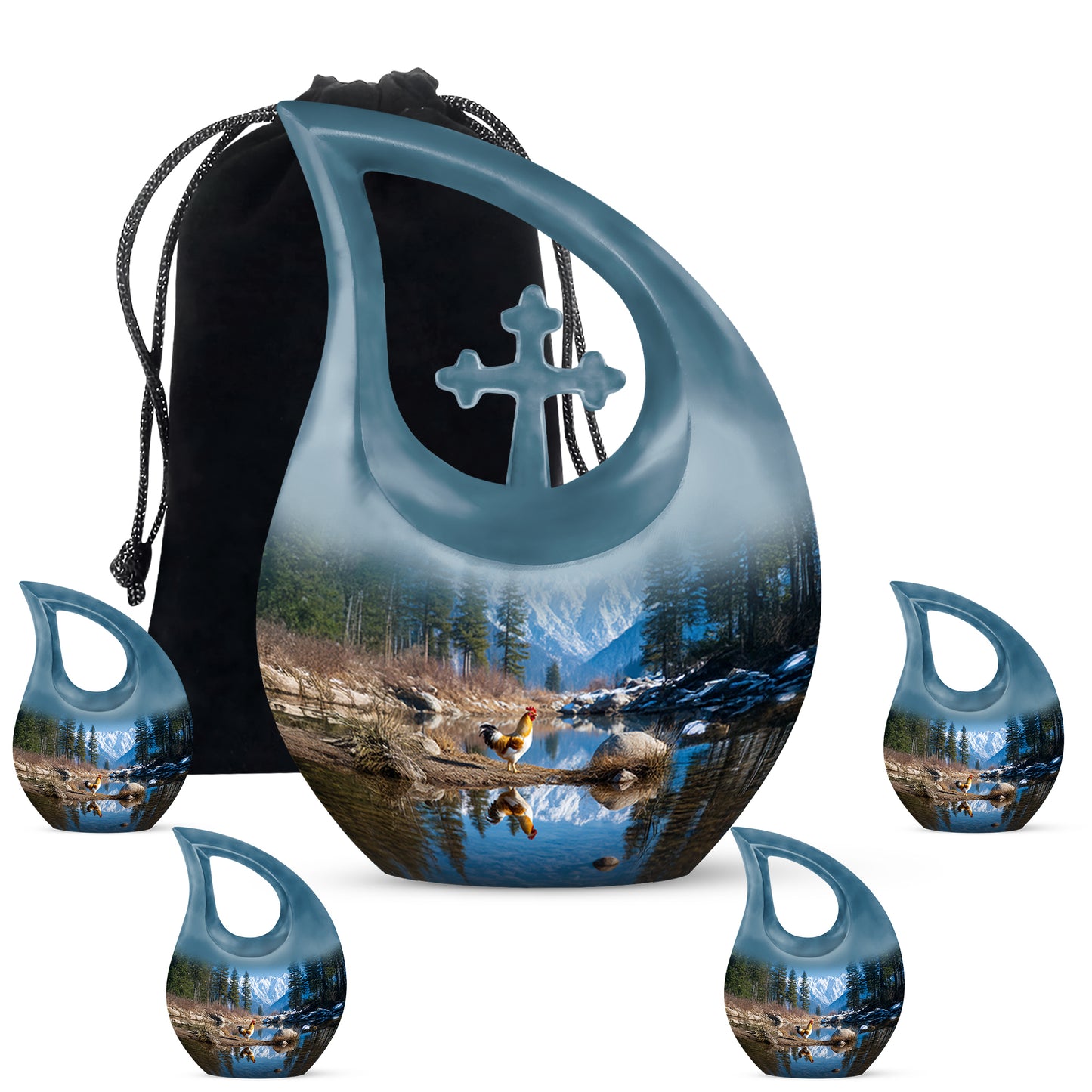 Royal Blue Hen Cremation Urn urn with complimentary velvet bag - devotional cross-drop hen engraving - memorial set with one large and four small urns