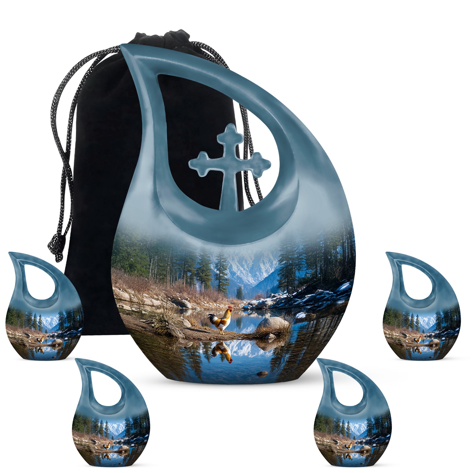 Royal Blue Hen Cremation Urn urn with complimentary velvet bag - devotional cross-drop hen engraving - memorial set with one large and four small urns