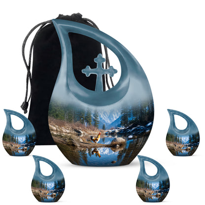 Royal Blue Hen Cremation Urn urn with complimentary velvet bag - devotional cross-drop hen engraving - memorial set with one large and four small urns