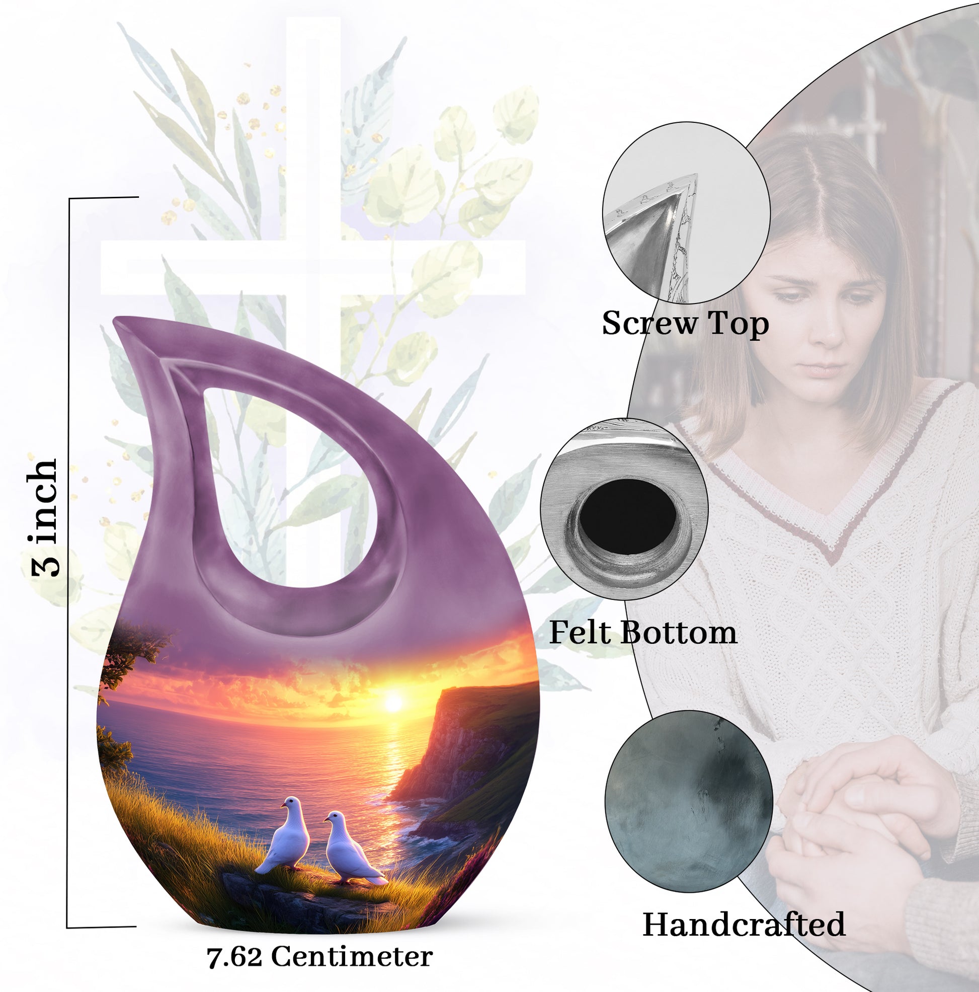 Petal Pink Dove Cremation Urn back view with polished surface - faith-inspired cross-drop urn with dove pattern - mini keepsake memorial for portion of cremation ashes
