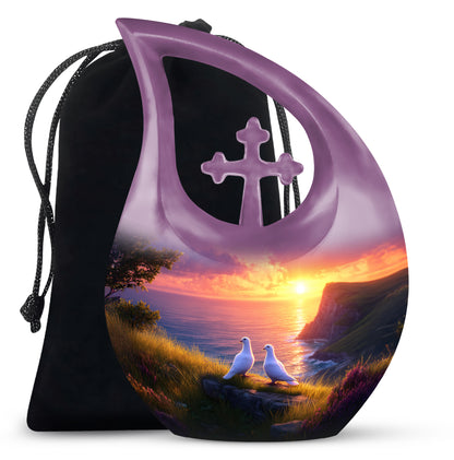 Pastel Pink Dove Cremation Urn top-down view of secure threaded lid - sacred cross merged with dove motif on metal - full-size 10 inch 200 cubic inch adult cremation urn