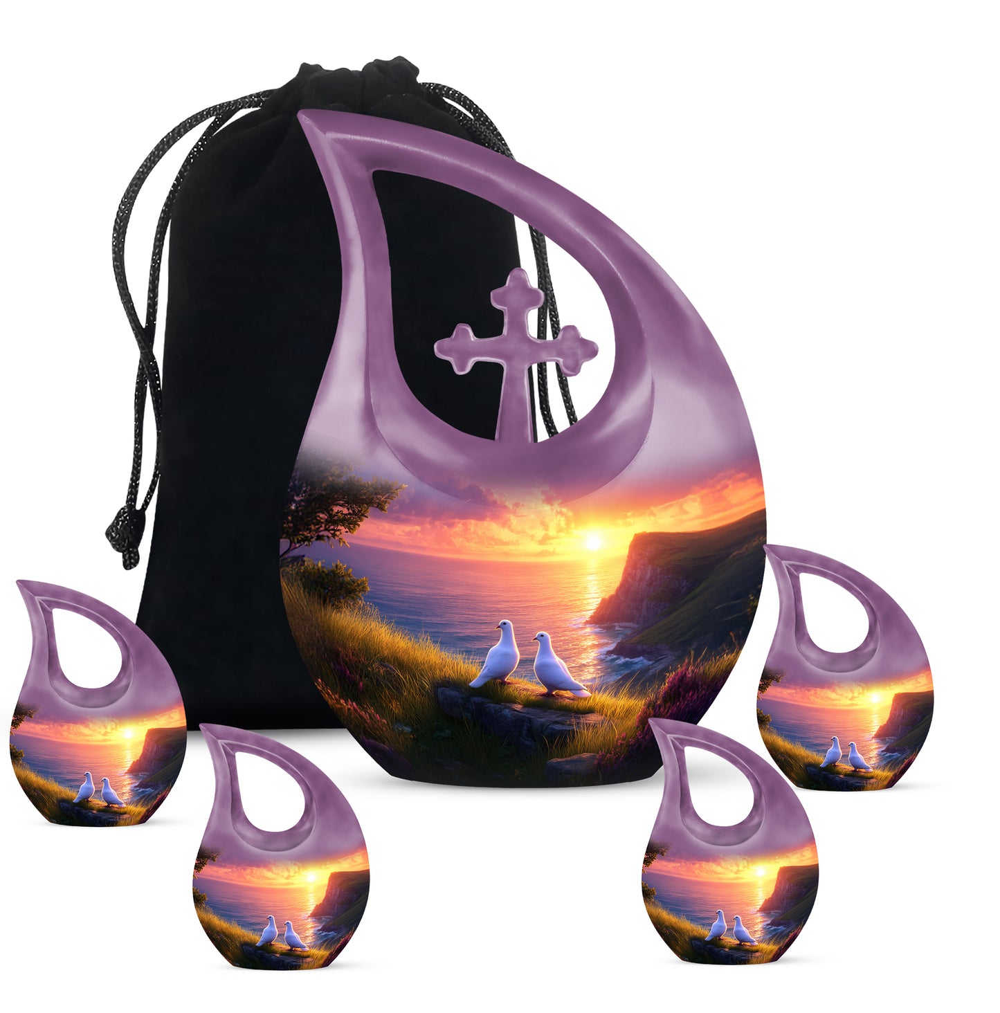 Coral Pink Dove Cremation Urn urn with complimentary velvet bag - sacred cross merged with dove motif on metal - memorial set with one large and four small urns