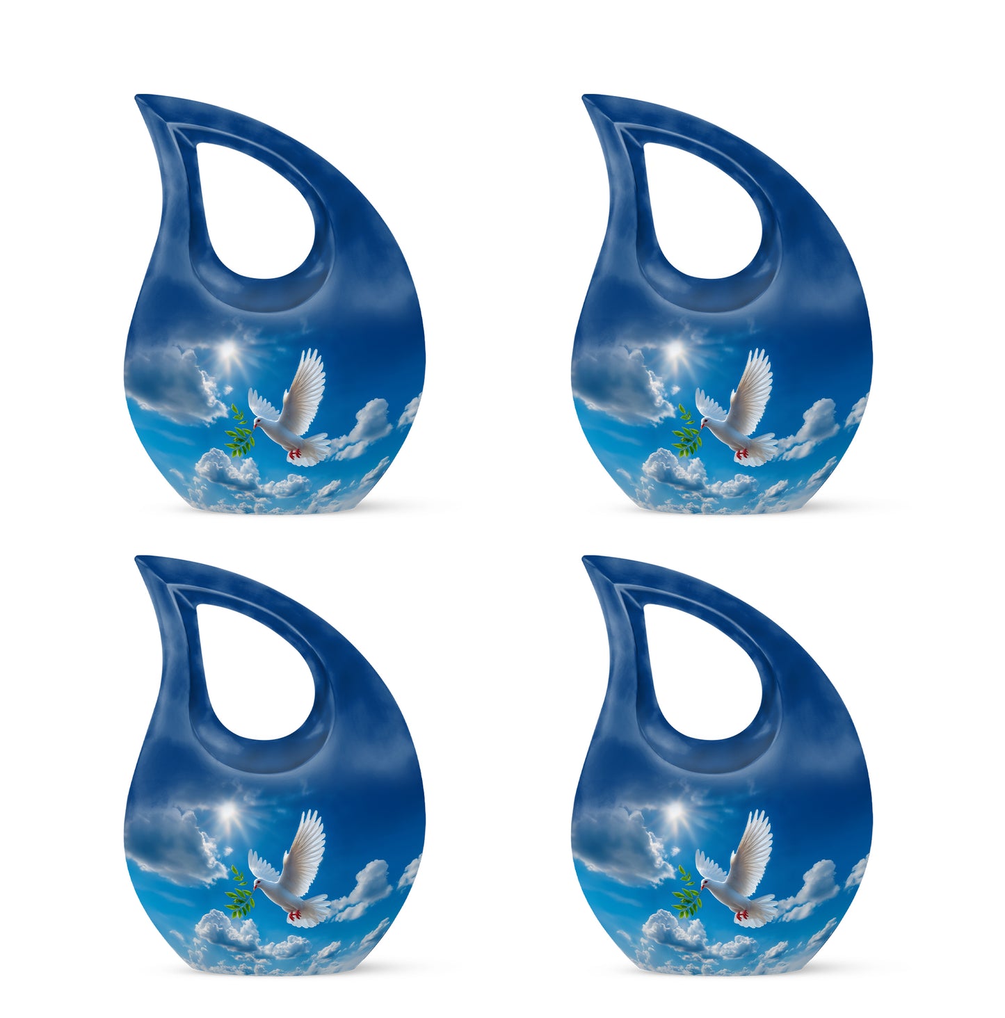 Cobalt Blue Dove Cremation Urn lifestyle display on memorial shelf - faith-inspired cross-drop urn with dove pattern - 10 inch aluminum urn for cremated remains