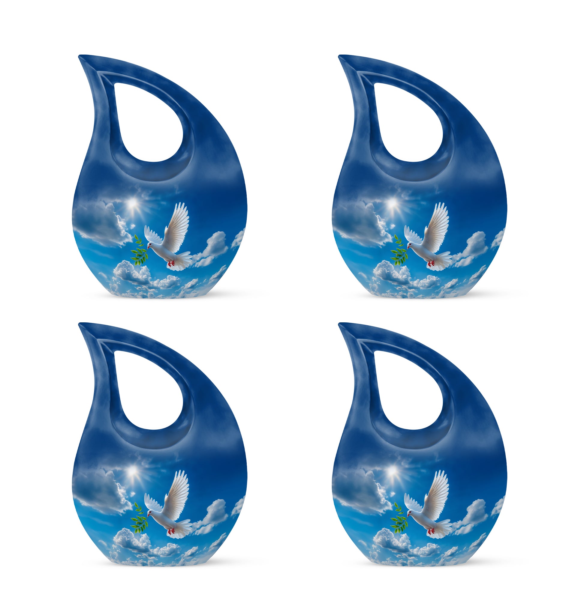 Cobalt Blue Dove Cremation Urn lifestyle display on memorial shelf - faith-inspired cross-drop urn with dove pattern - 10 inch aluminum urn for cremated remains