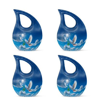 Cobalt Blue Dove Cremation Urn lifestyle display on memorial shelf - faith-inspired cross-drop urn with dove pattern - 10 inch aluminum urn for cremated remains