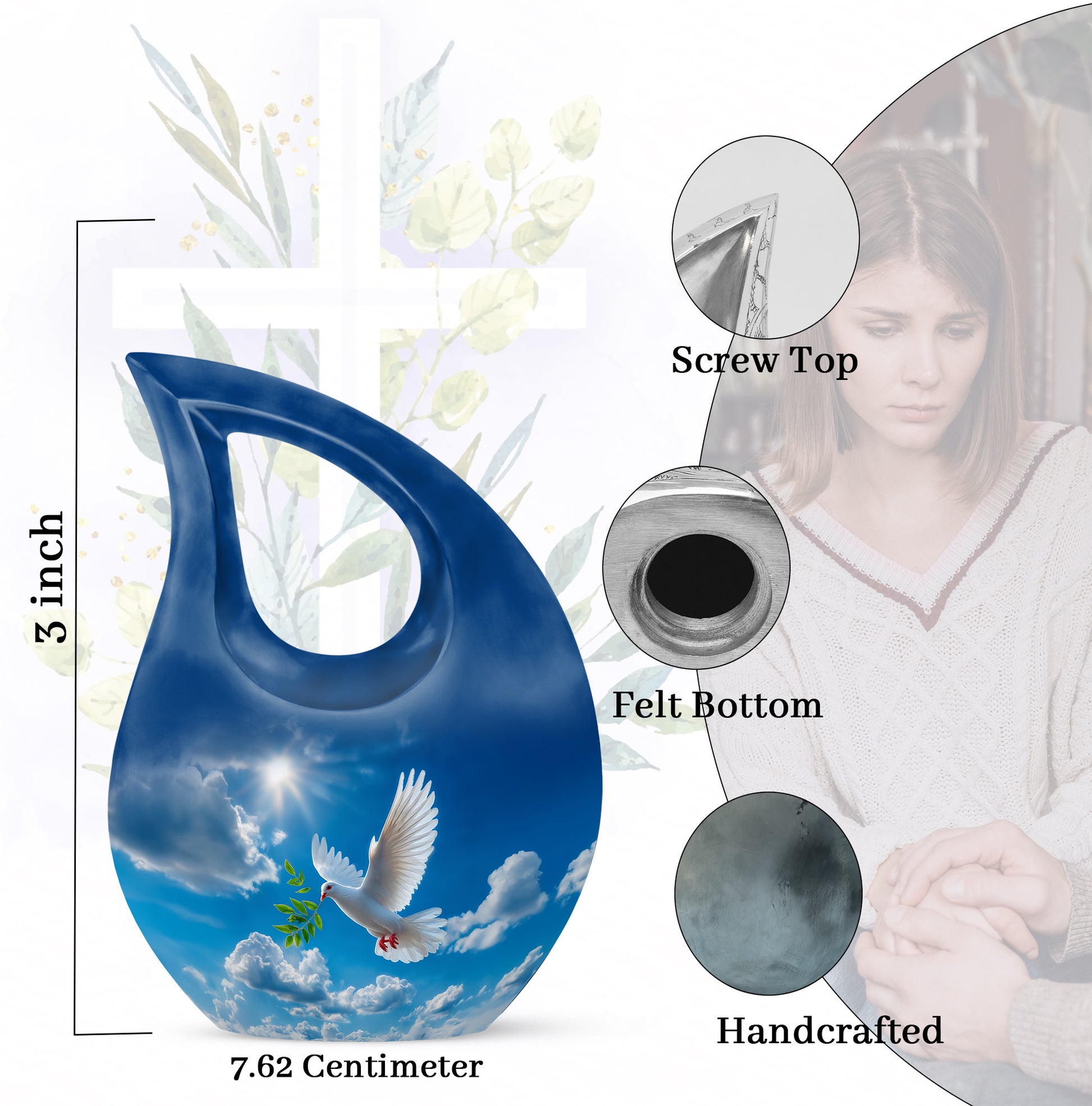 Sky Blue Dove Cremation Urn back view with polished surface - sacred cross merged with dove motif on metal - mini keepsake memorial for portion of cremation ashes
