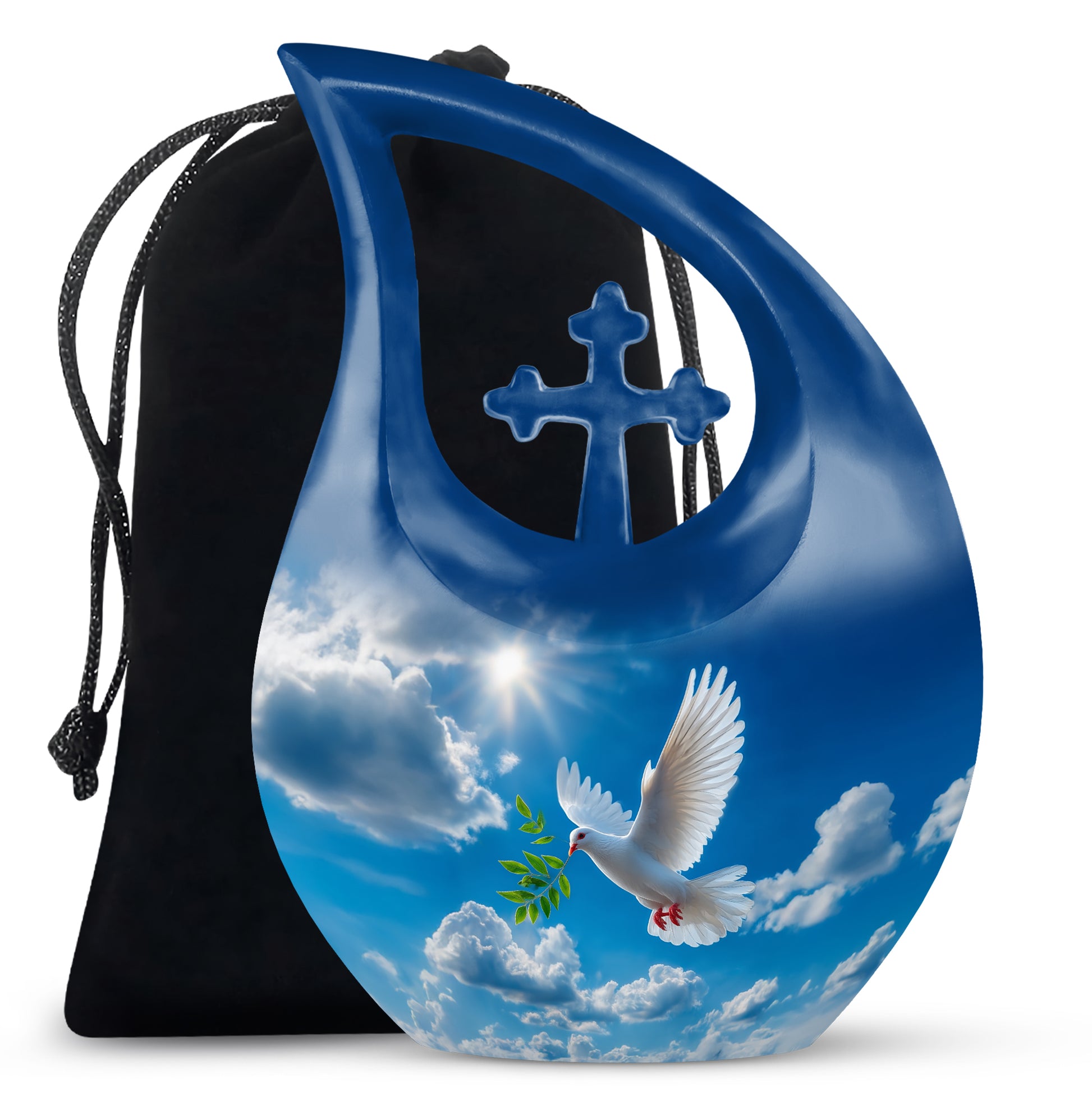 Indigo Dove Cremation Urn top-down view of secure threaded lid - cross and dove combined in spiritual memorial design - full-size 10 inch 200 cubic inch adult cremation urn
